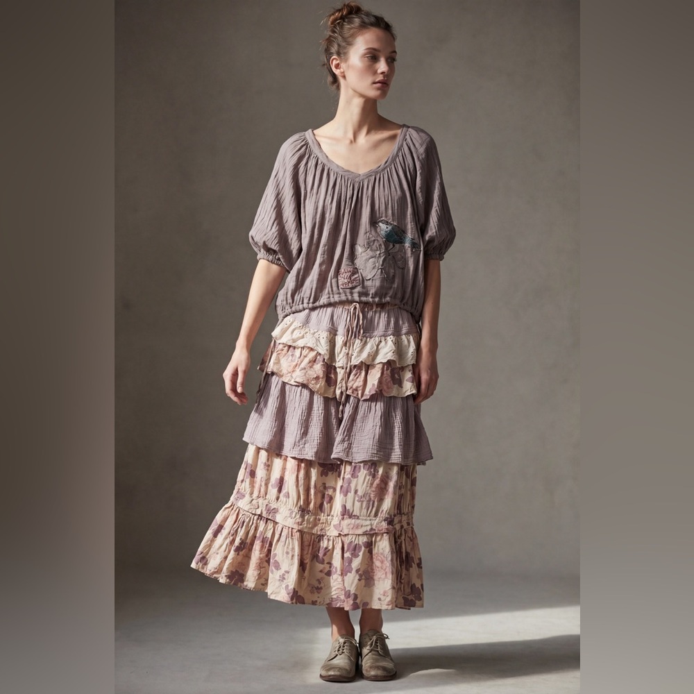 Hand Crafted Mauve & Cream Floral Tiered Maxi Skirt - Picture 4 of 7